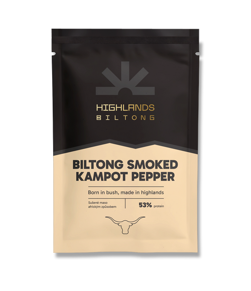 Balení prémiového sušeného hovězího masa Highlands Biltong s uzeným kampotským pepřem